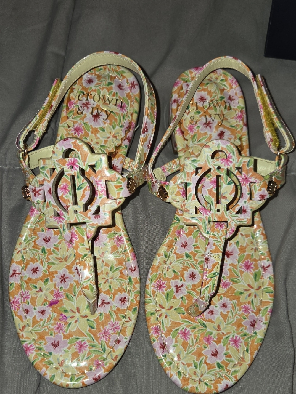 crown & ivy Floral Yellow and Pink T-Strap Sandals